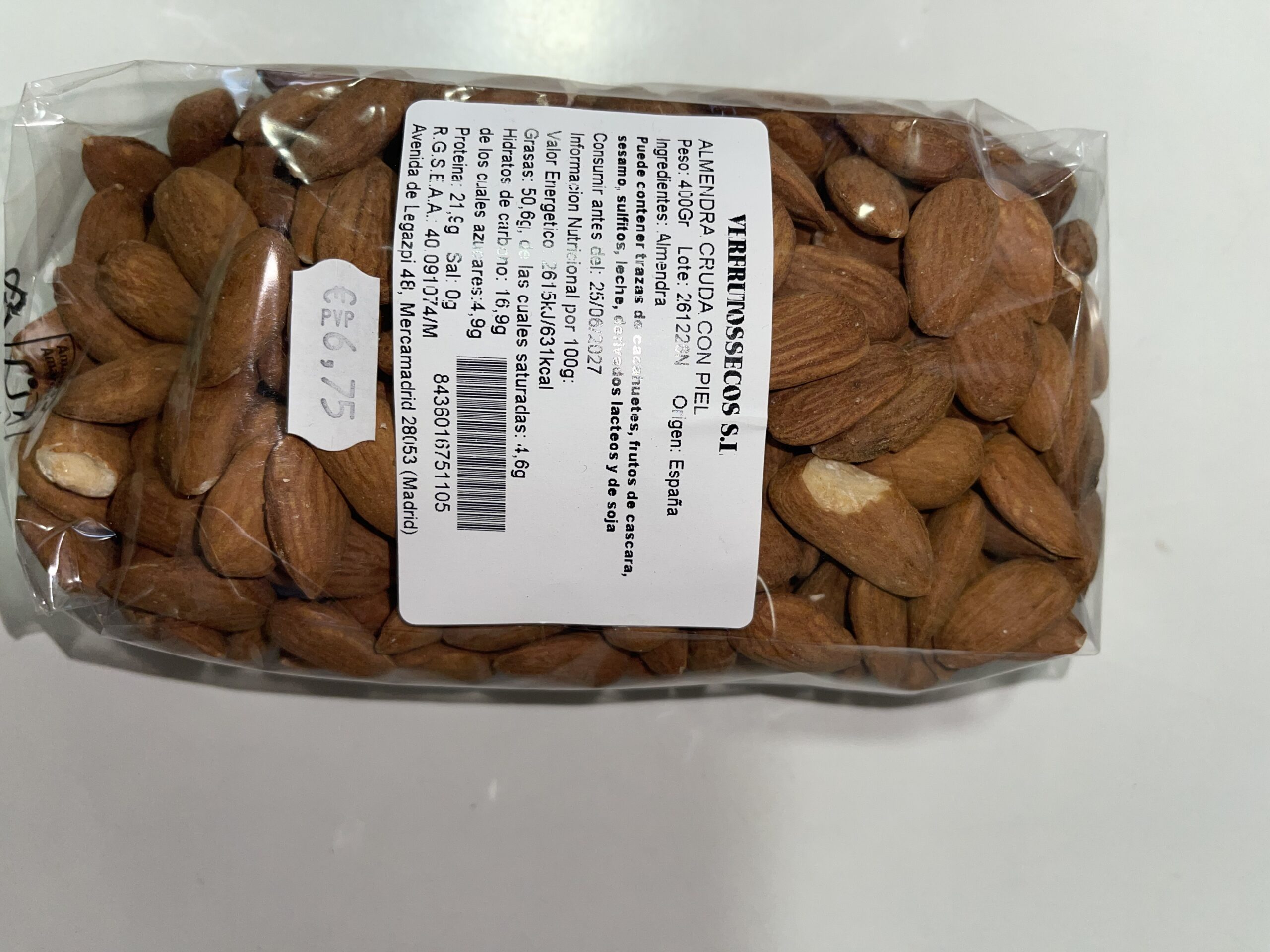 Verfrutossecos almendra cruda con piel 400 g
