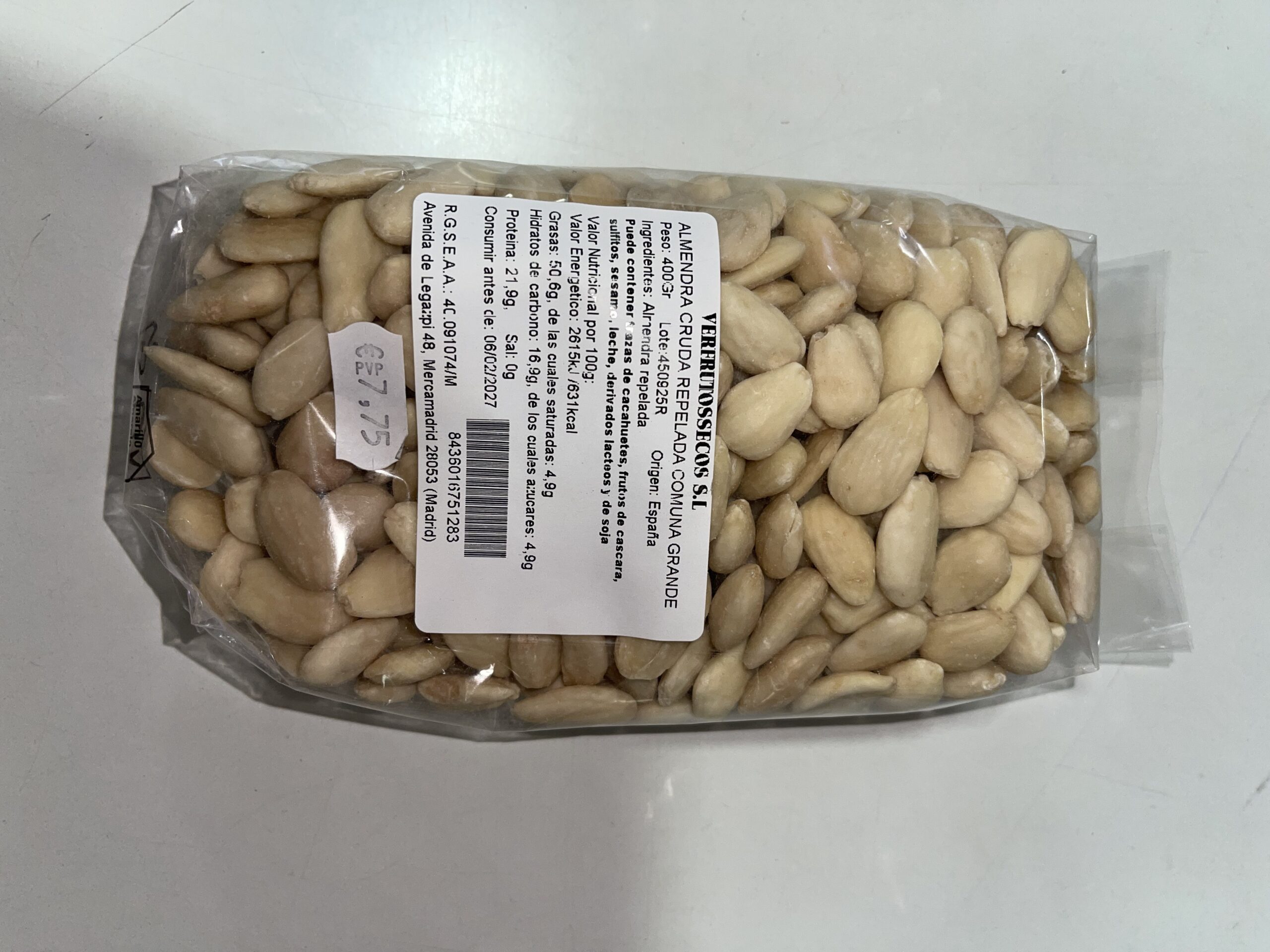 Verfrutossecos almendra cruda repelada comuna grande 400 g